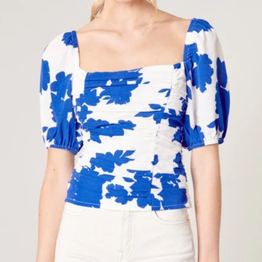 Sugarlips Royal Blue and White Floral Blouse w/ Half Puff Sleeves Size Large